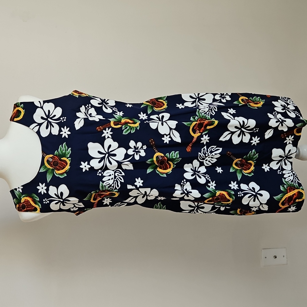 Ho Aloha Hawaii Shift Dress Navy White Floral Ukuleles 100% Cotton Vacation LG